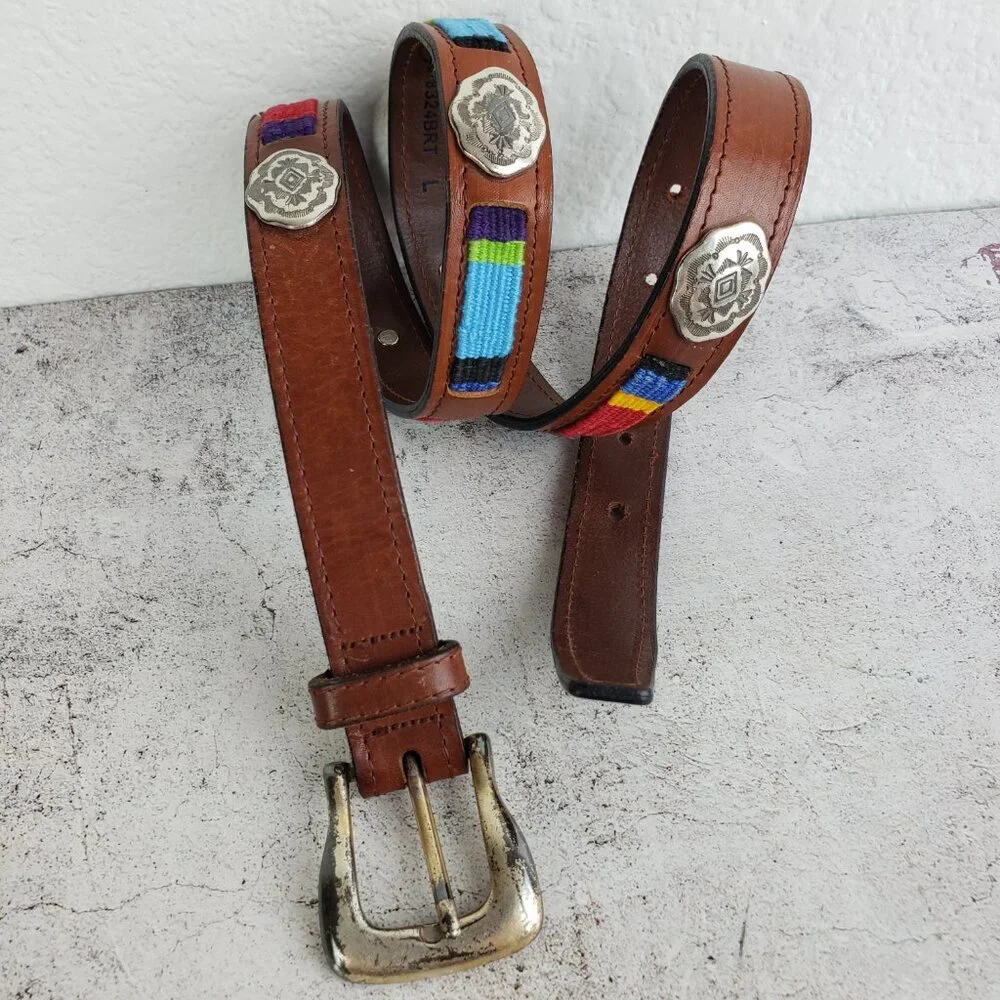 Vintage FOSSIL Leather Belt Bohemian Western Concho Embellished Embroidered sz L